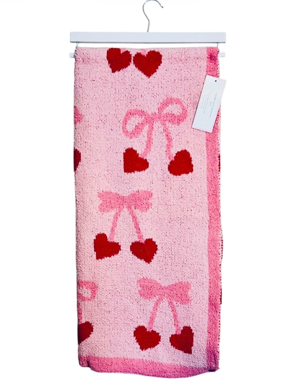 🎀🍒CUPCAKES AND CASHMERE Red Cherry Hearts Pink Bows Feather Yarn Throw Soft Cozy